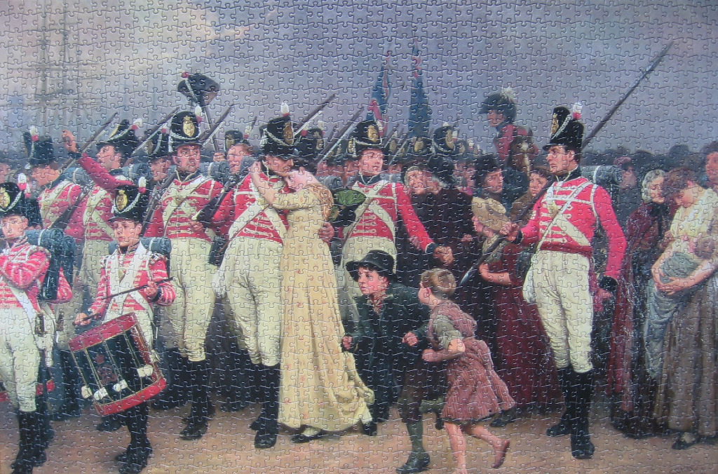 A painting of 19th-century British soldiers in red coats marching away from their families.
