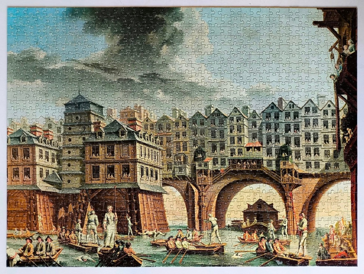 An illustration of historic tall buildings built onto stone bridges spanning a river with many small boats and people.