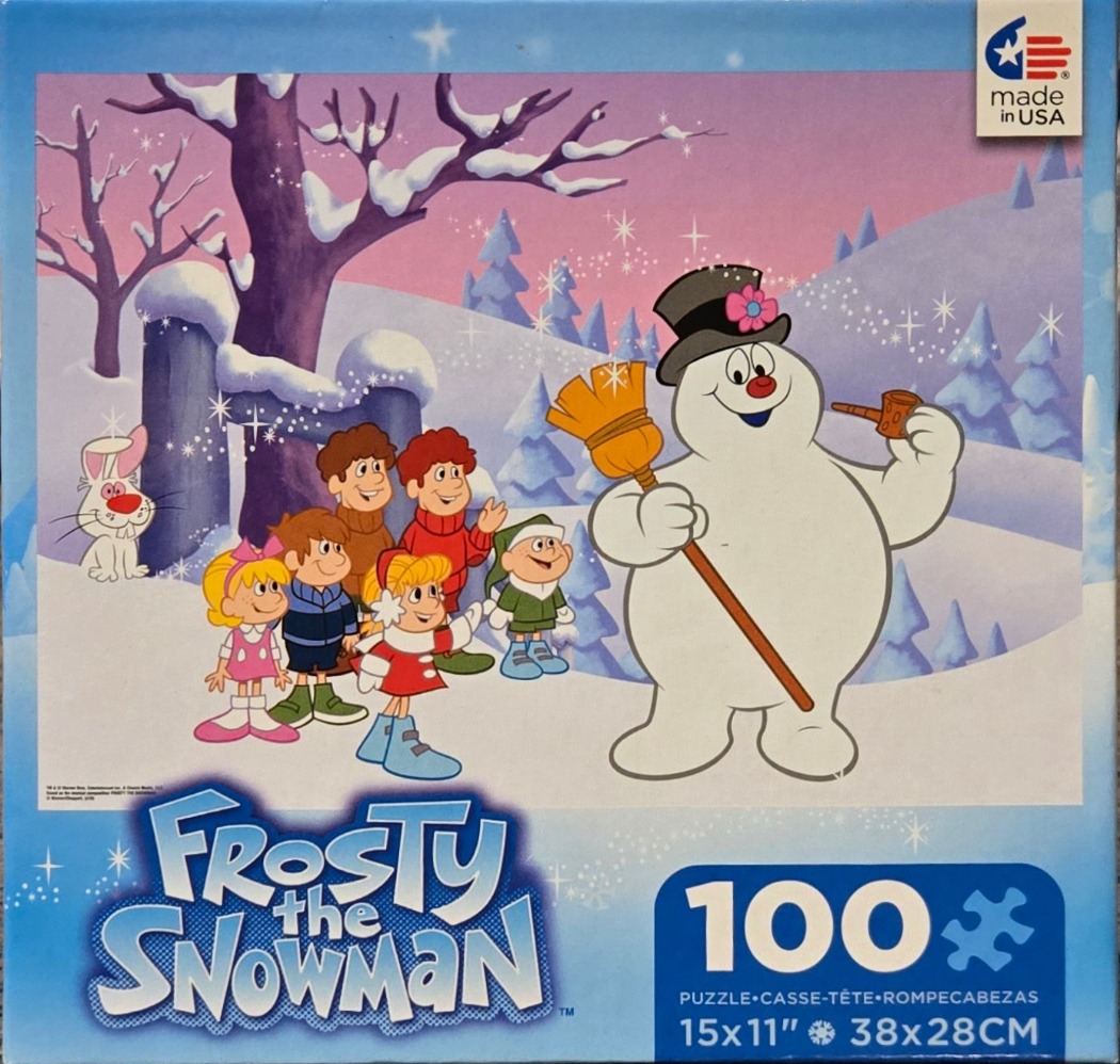 Frosty the Snowman standing with a group of children and a white rabbit in a snowy winter forest.