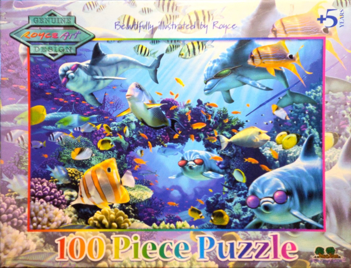 An underwater scene featuring dolphins wearing sunglasses and colorful tropical fish swimming among coral reefs.
