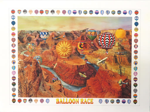 A whimsical illustration of a colorful hot air balloon race over a deep canyon, framed by a border of small balloons.