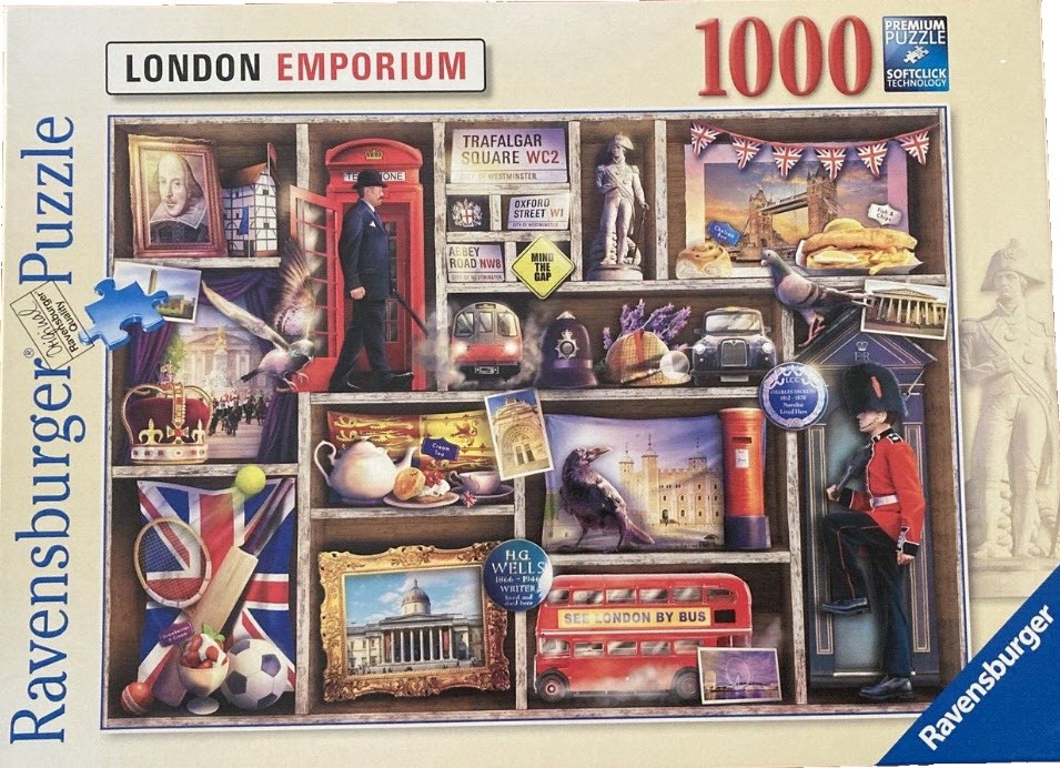 A collage of London-themed icons and landmarks organized within wooden shelving compartments.