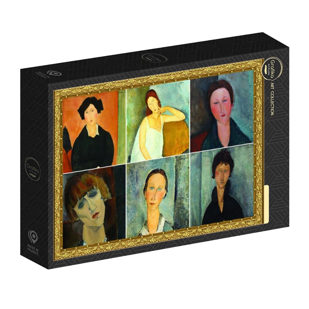 A collage of six Amedeo Modigliani portraits of women in a single ornate gold frame.
