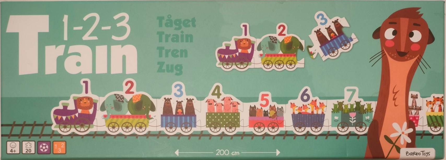 Illustration of a numbered animal train on a mint green background with a friendly otter in the foreground.