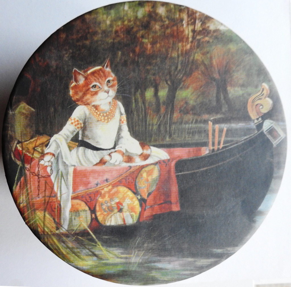 An anthropomorphic orange tabby cat wearing a white medieval-style dress sits in a dark gondola on a canal.