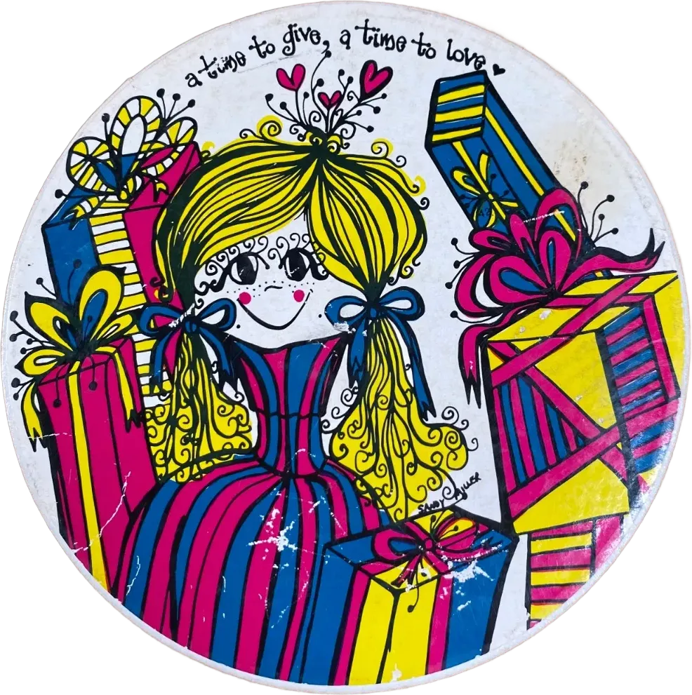 Stylized cartoon illustration of a blonde girl surrounded by large gift boxes against a round background.