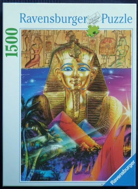 Illustration of the golden mask of Tutankhamun above Egyptian pyramids and palm trees at sunset.