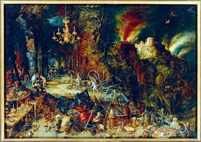 A busy 17th-century style painting of an alchemist's workshop filled with tools, treasures, and mysterious figures.