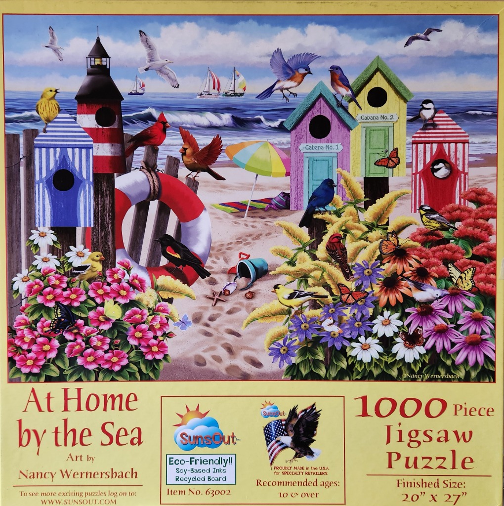 A whimsical seaside scene featuring colorful birdhouses, various birds, blooming flowers, and a beach backdrop.