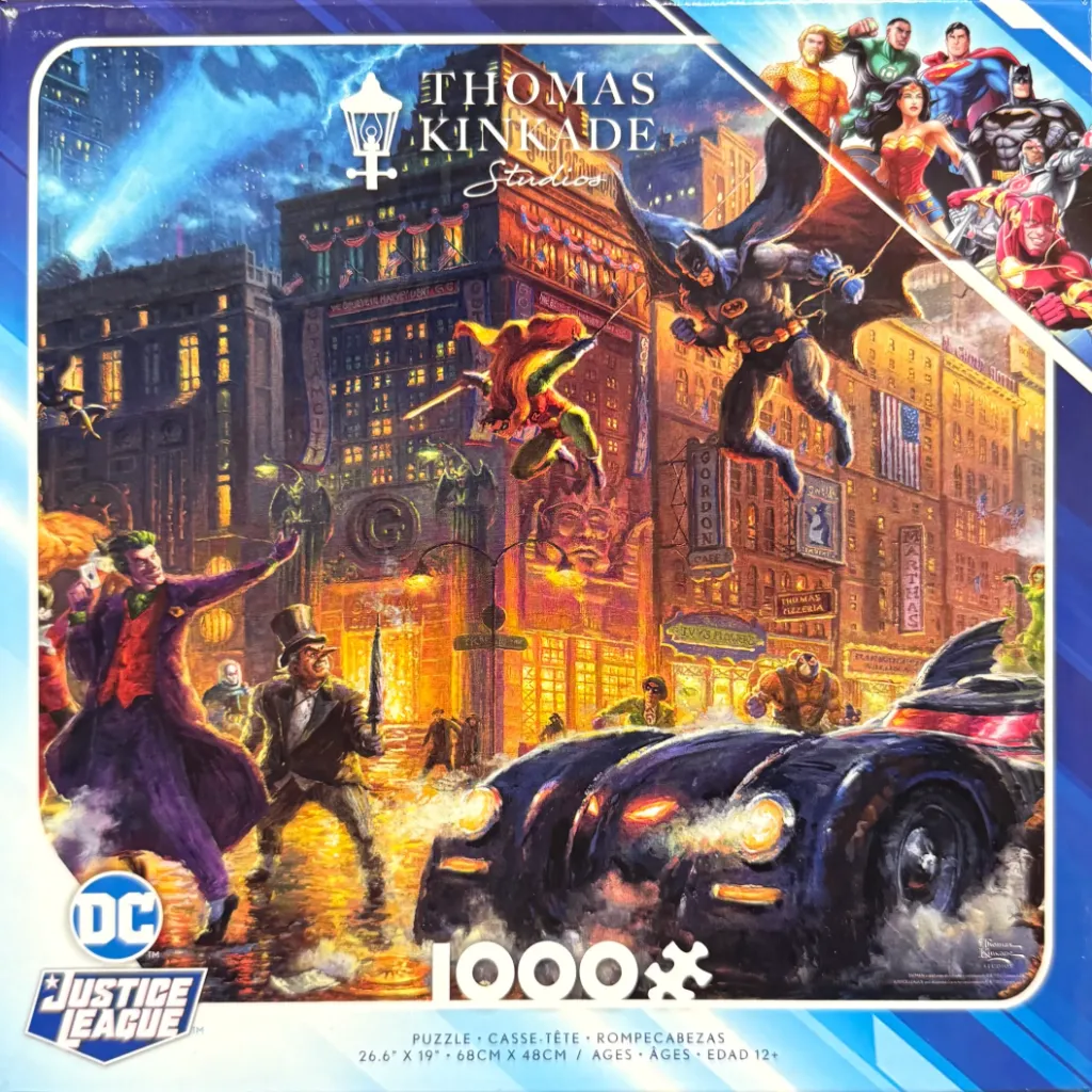 A painterly illustration of the Justice League superheroes and various villains in a vibrant, glowing Gotham City.