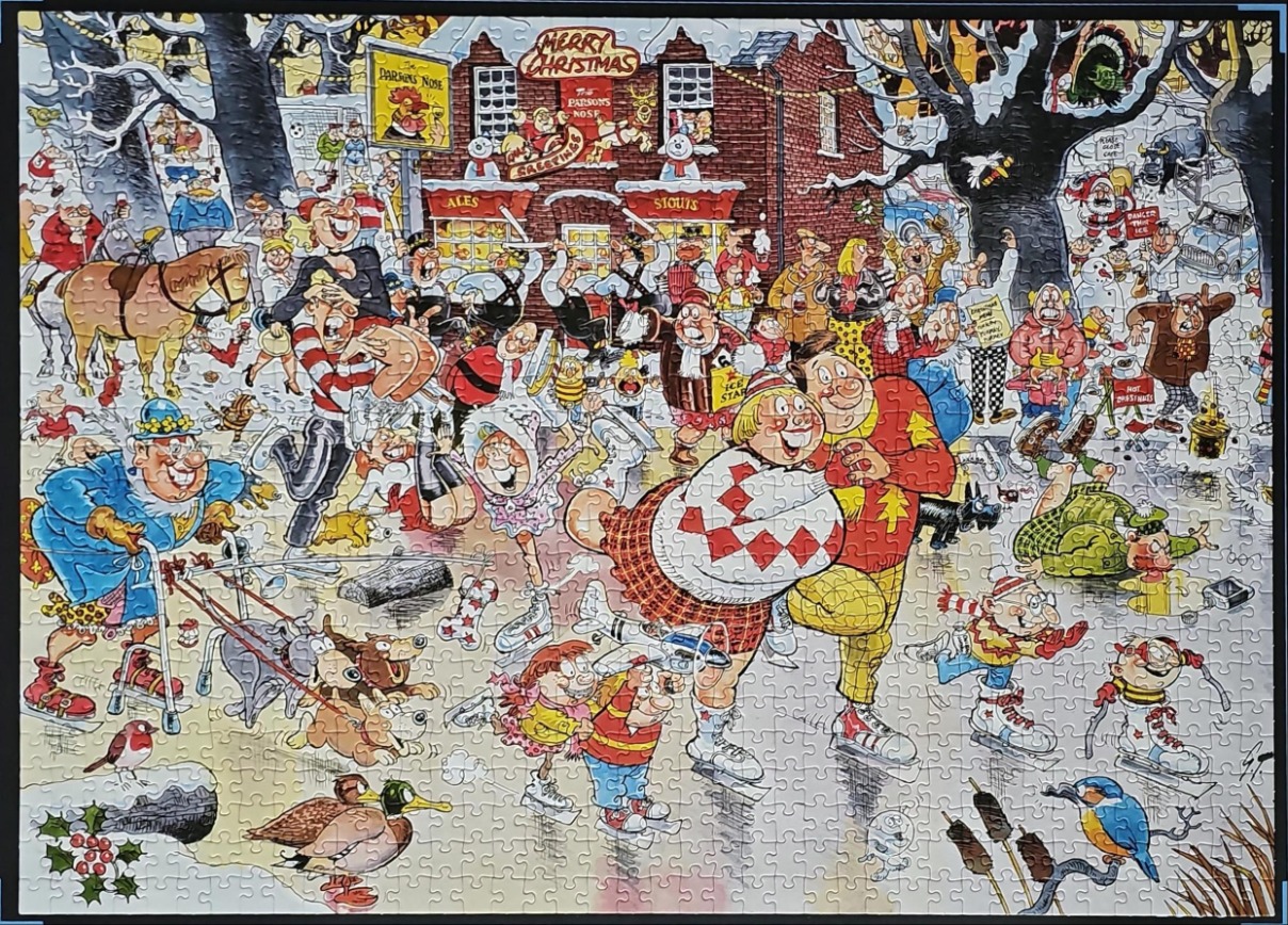 A humorous, densely packed cartoon illustration of a lively winter scene in front of a snow-covered village pub.