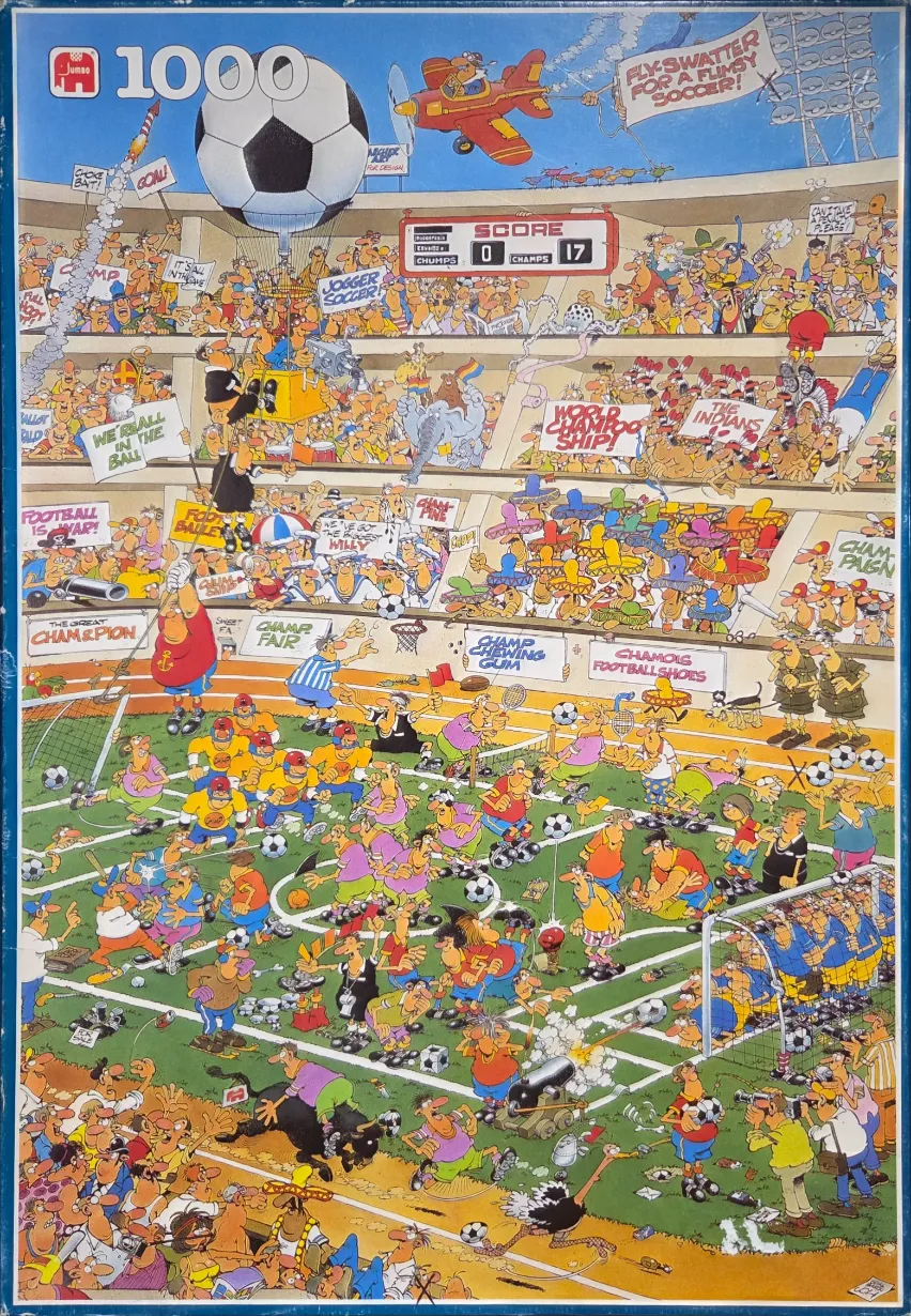 A busy cartoon illustration of a chaotic football match with numerous comedic characters and absurd details.