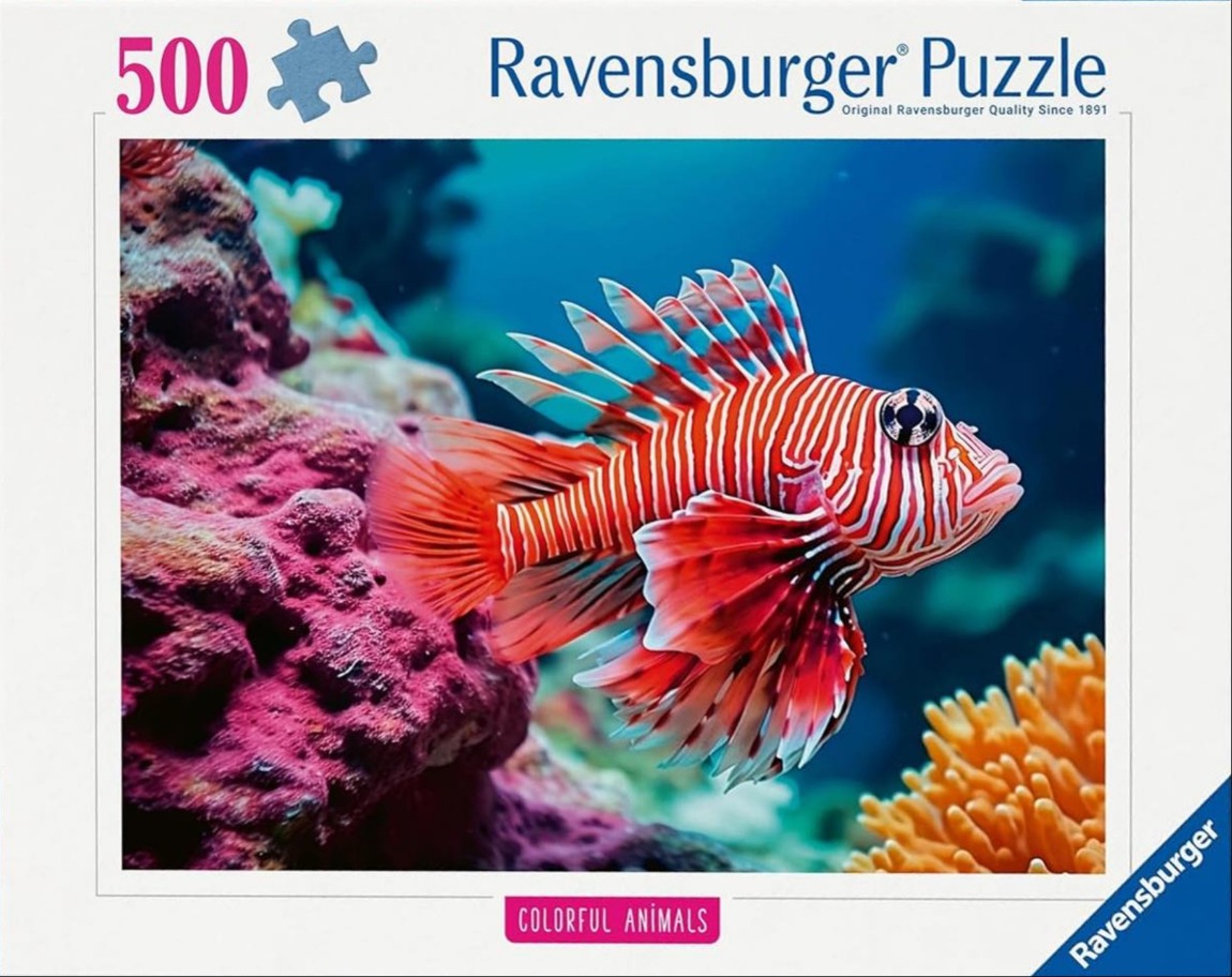 A lionfish swimming near colorful coral reefs in the ocean