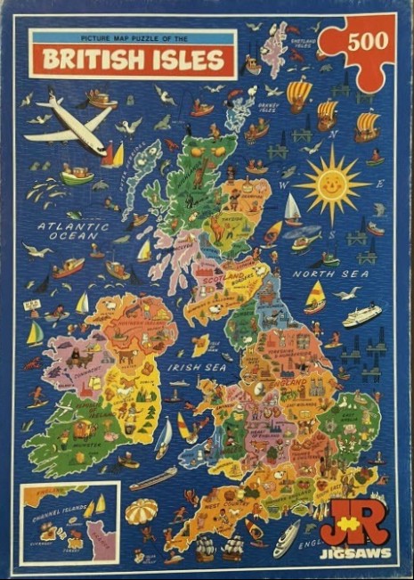 A colorful, illustrated pictorial map of the British Isles featuring small vignettes and nautical motifs.