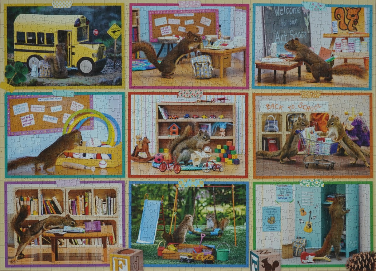 A collage of nine whimsical scenes depicting squirrels in school and playground settings.