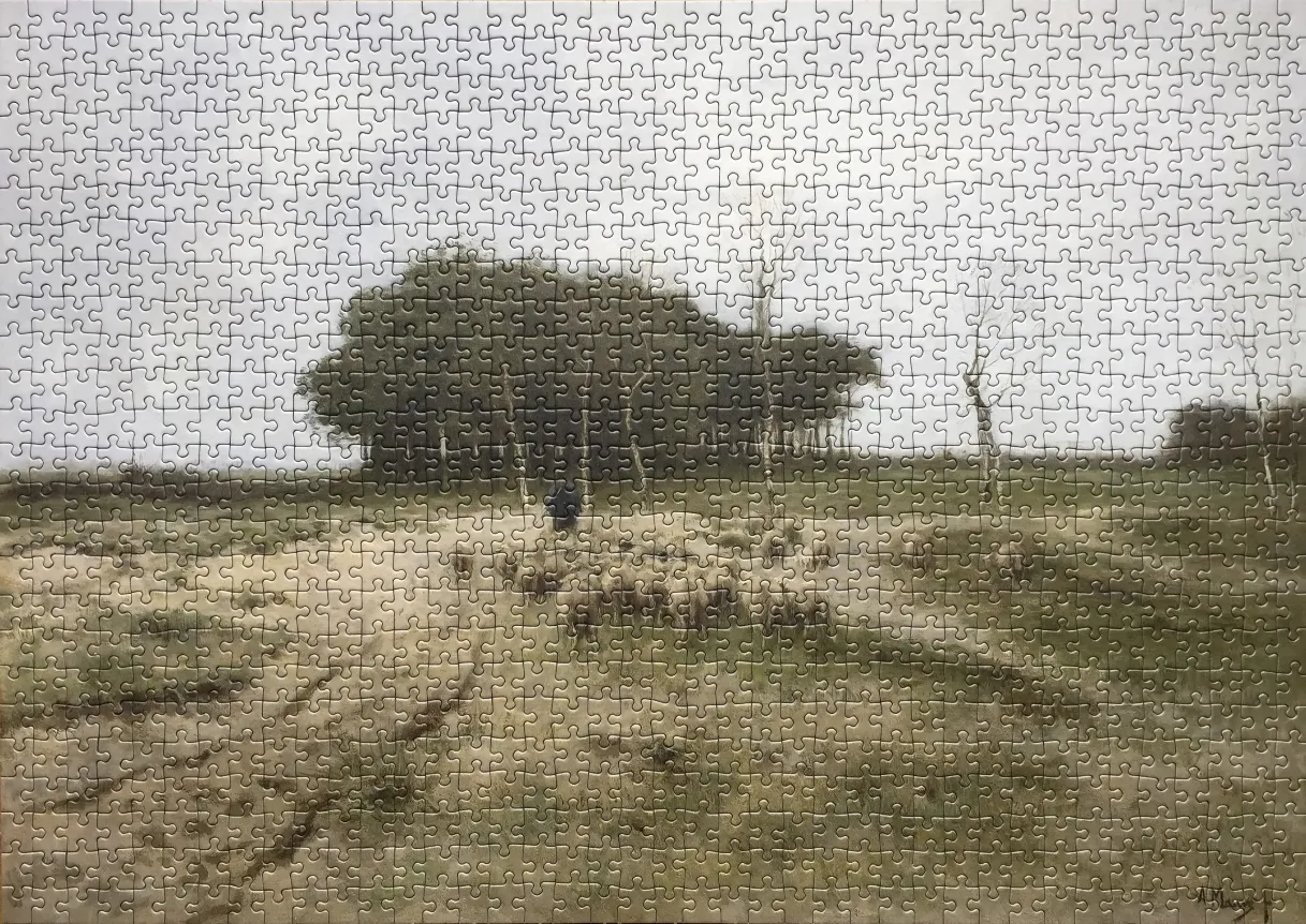 An oil painting of a shepherd and a large flock of sheep in a misty, muted landscape.