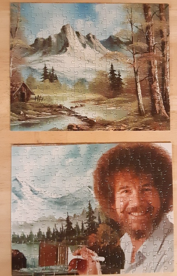 A two-part image showing a painted mountain landscape above a portrait of Bob Ross with a landscape painting.