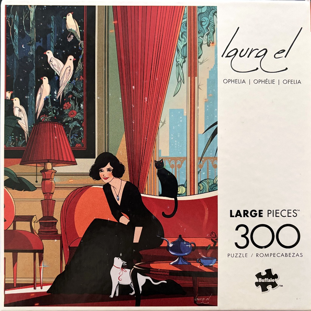 An illustration of an elegant woman in a black dress sitting on a red sofa with cats in an Art Deco style room.