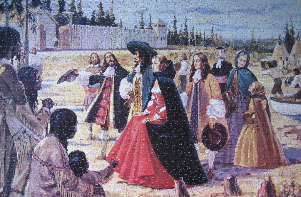 Historical painting depicting an encounter between seventeenth-century European settlers and Indigenous people.