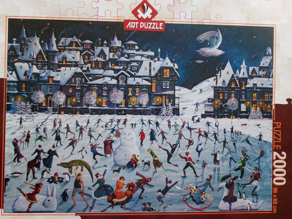 A whimsical winter scene of people ice skating in front of a snow-covered village under a crescent moon.