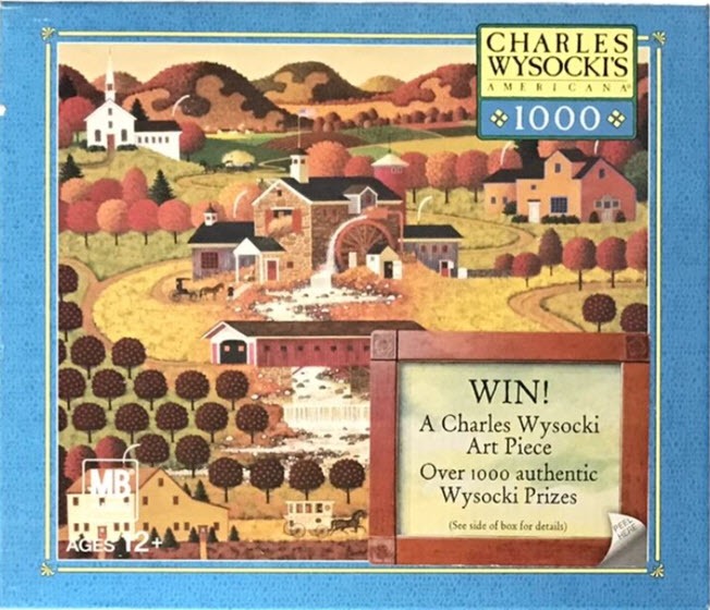 Folk art painting of a rural American village with a water mill, covered bridge, and rolling autumn hills.