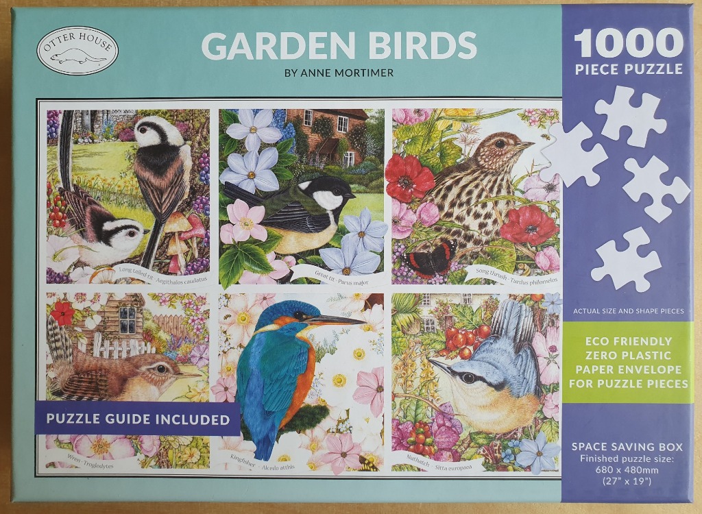 Collage of six detailed bird portraits including a kingfisher, song thrush, and wren, set in colorful garden scenes.