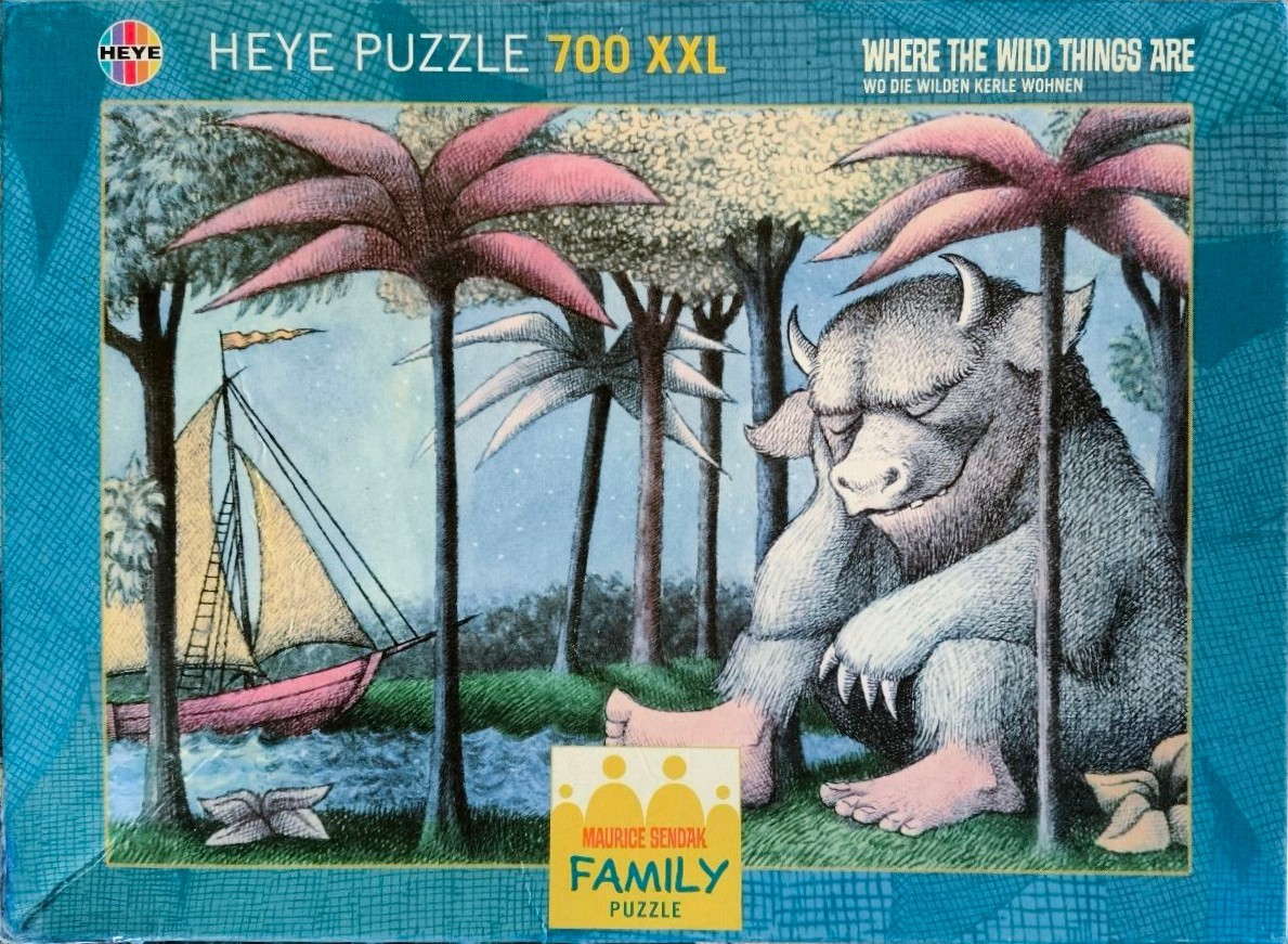 Illustration of a furry, horned monster sitting by a river near a sailboat, in the style of Where the Wild Things Are.