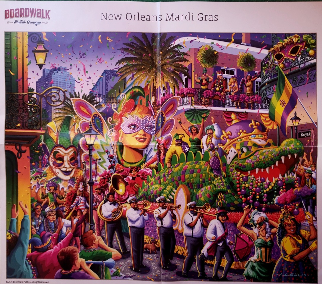 A lively New Orleans Mardi Gras street scene featuring a giant alligator float, marching band, and costumed revelers.