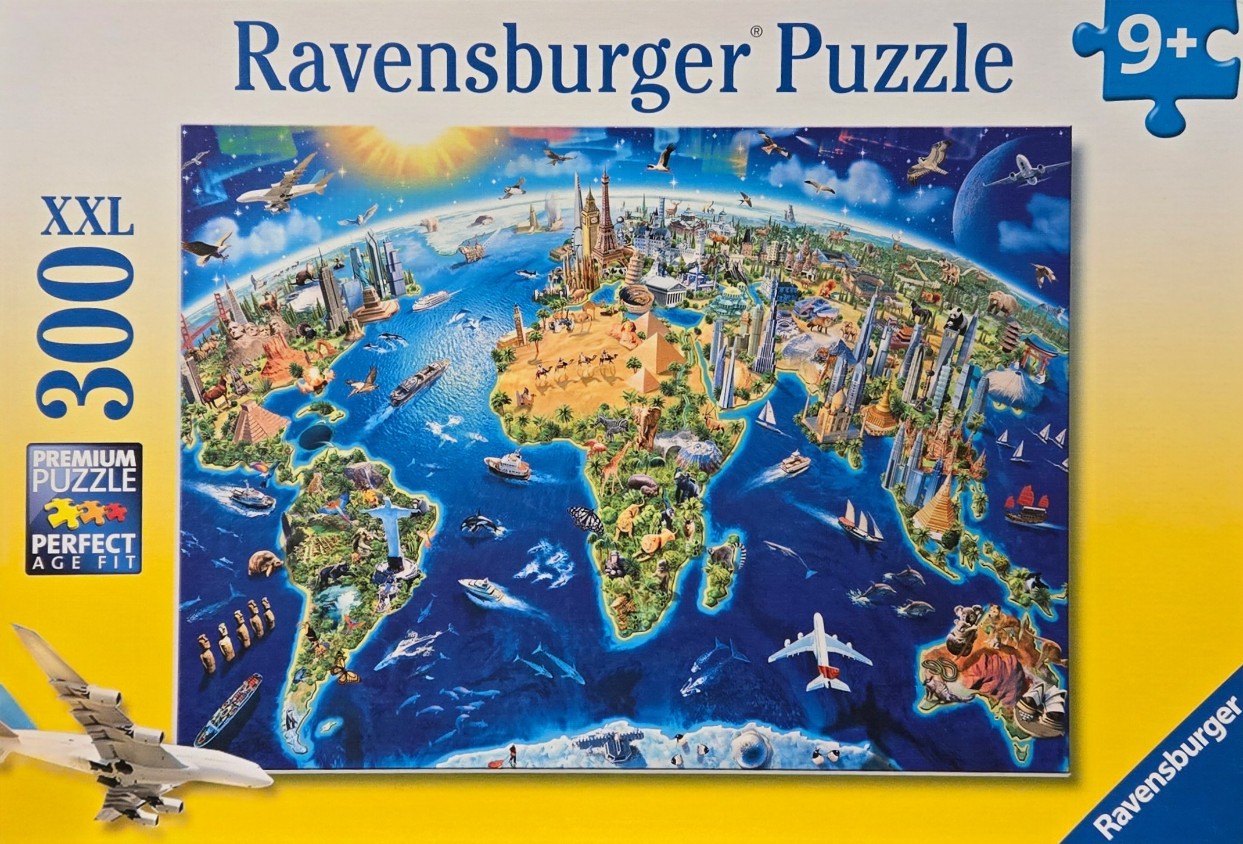 A whimsical illustration of a world map featuring iconic landmarks, animals, and travel themes across a globe.