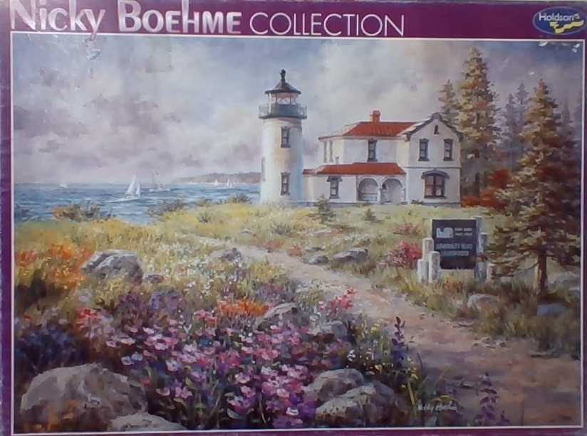 Painting of a white lighthouse and keeper