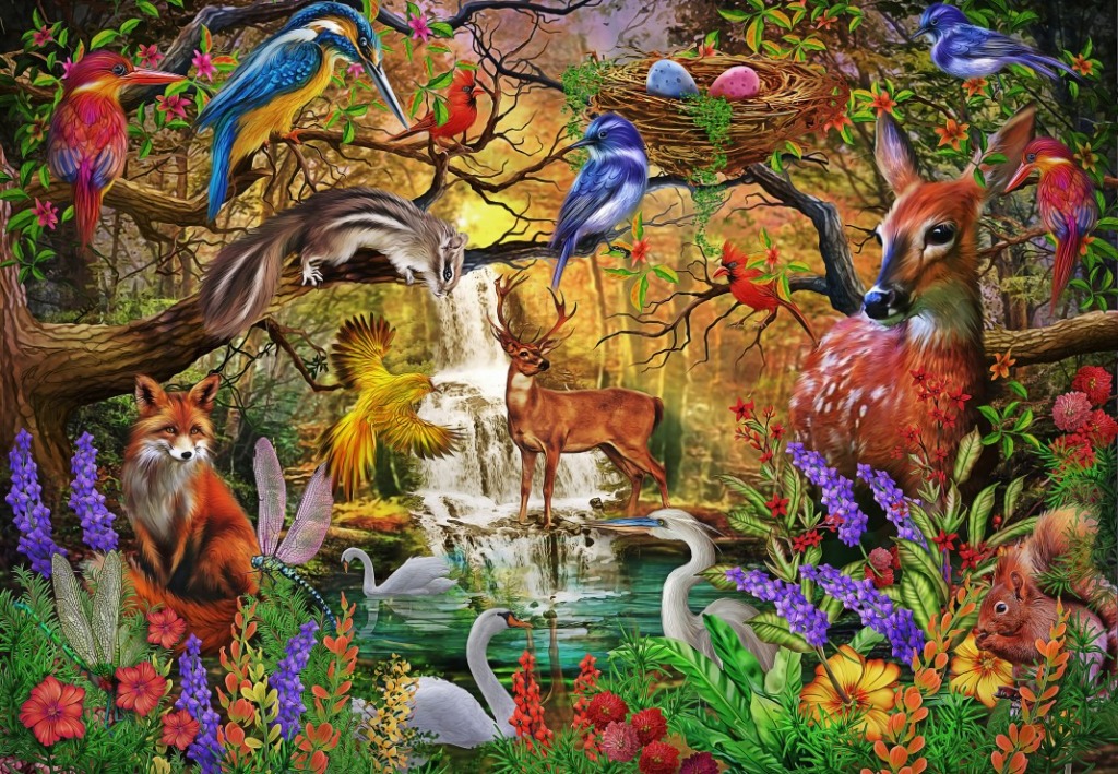 A lush woodland scene featuring a variety of birds, mammals, and a central waterfall.