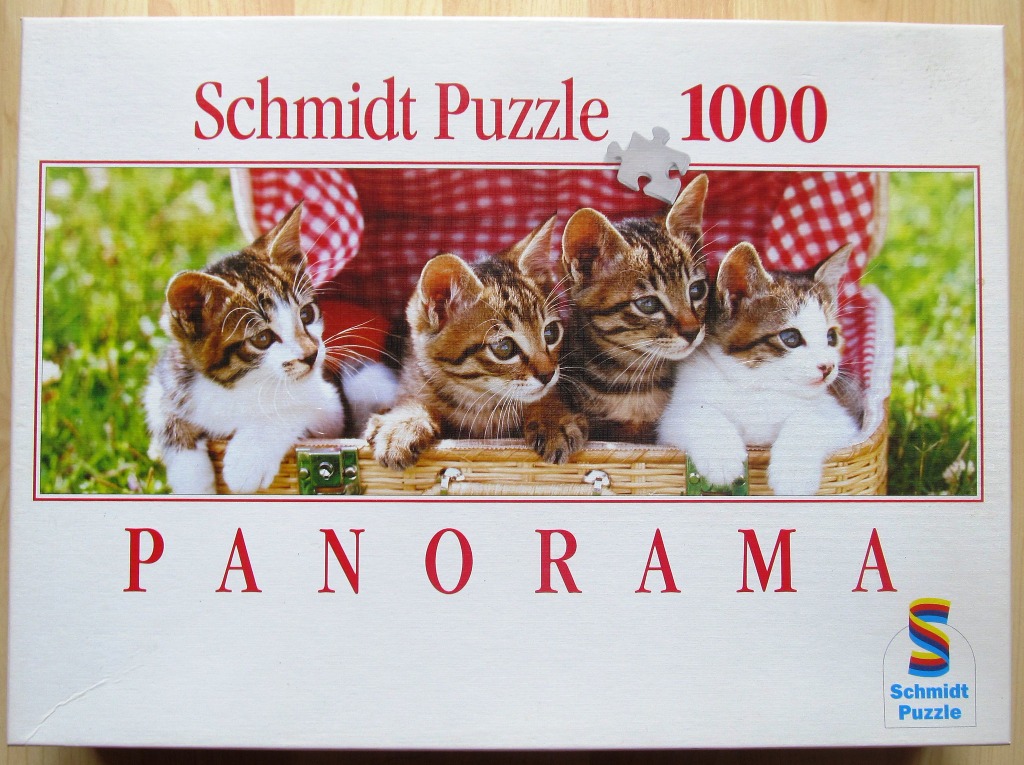 Four tabby kittens sitting inside a wicker picnic basket outdoors.