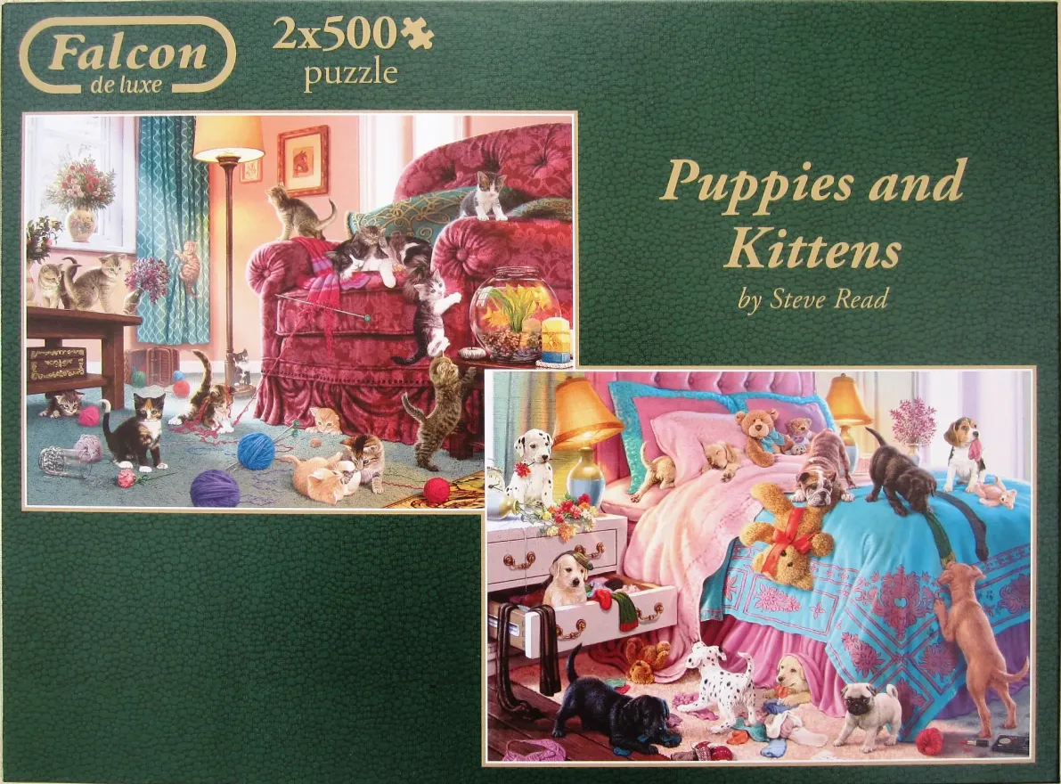 Two separate paintings of puppies and kittens playing in domestic bedrooms.