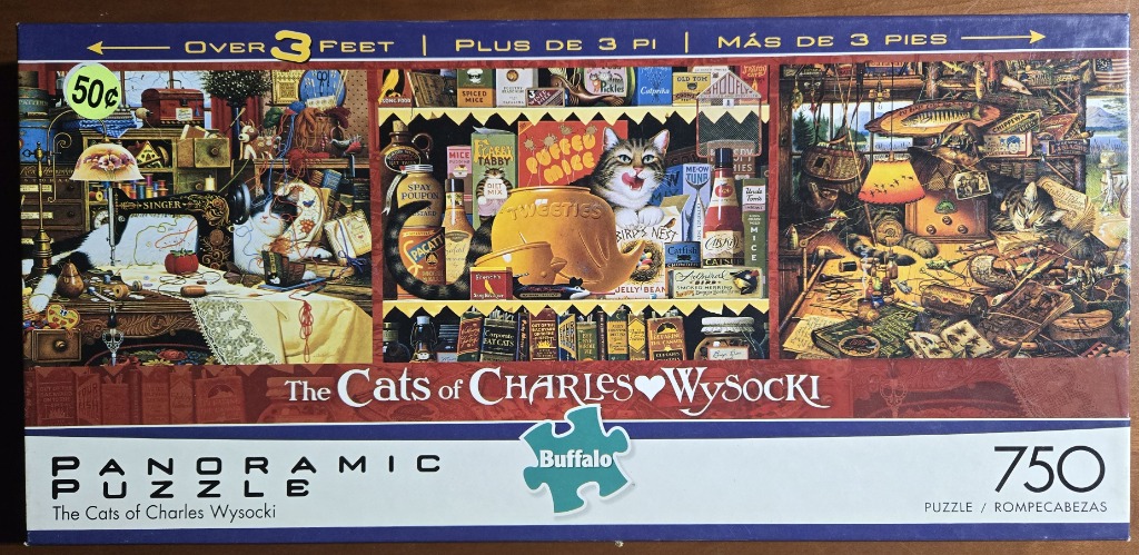 A panoramic illustration of cats in three distinct cozy, cluttered interior settings.