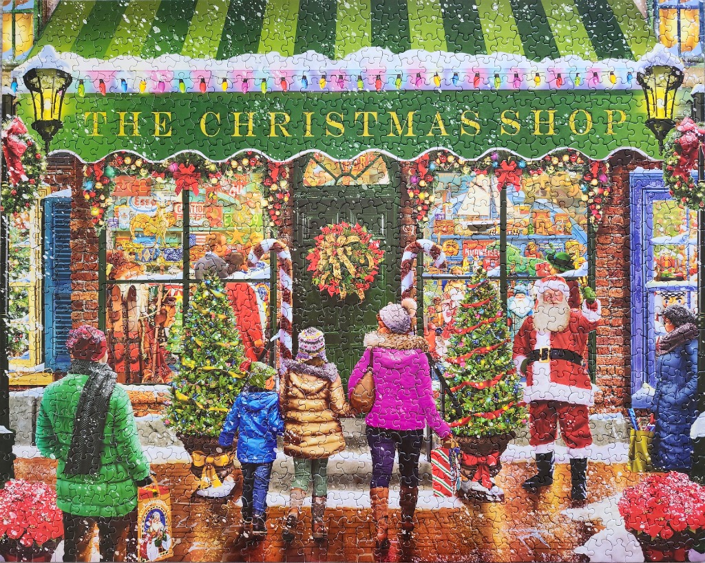 A festive illustration of shoppers visiting a store called The Christmas Shop in the snow.