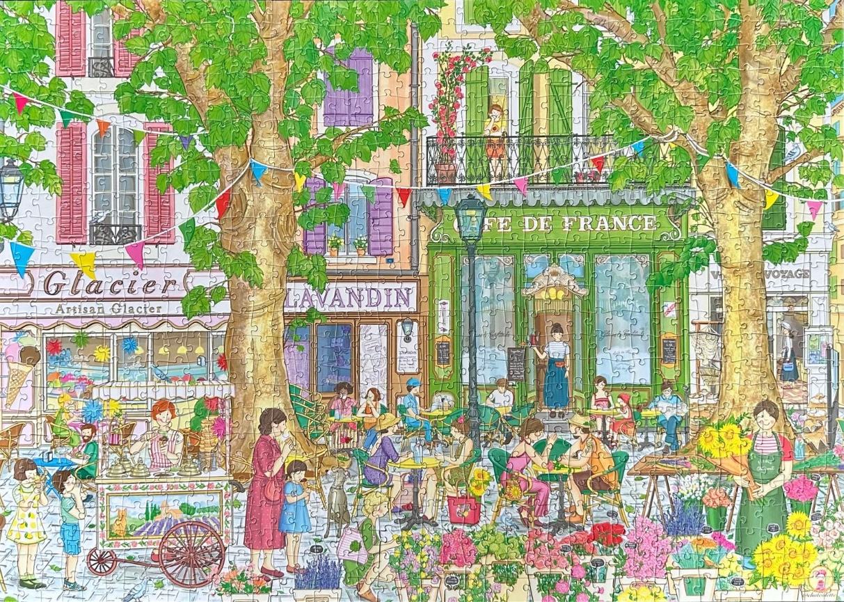 Illustration of a lively French street scene with cafes, a flower stall, and people gathering under large trees.