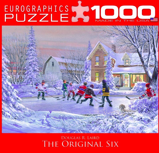 Painting of six children playing ice hockey on a frozen pond in front of a snow-covered house and barn.