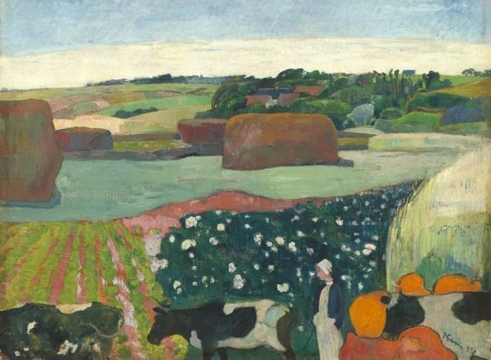 Oil painting of a countryside scene featuring cows, haystacks, and a woman in a white cap.