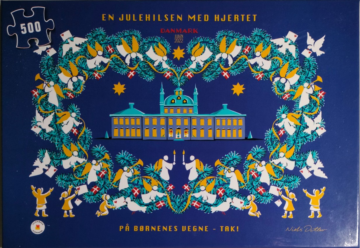 A digital illustration of a stately building framed by a wreath of Christmas angels, birds, and pine boughs.