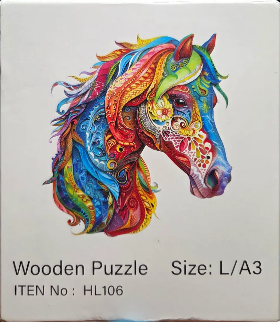 An illustrated profile of a horse head rendered in vibrant, multicolored psychedelic patterns against a white background.