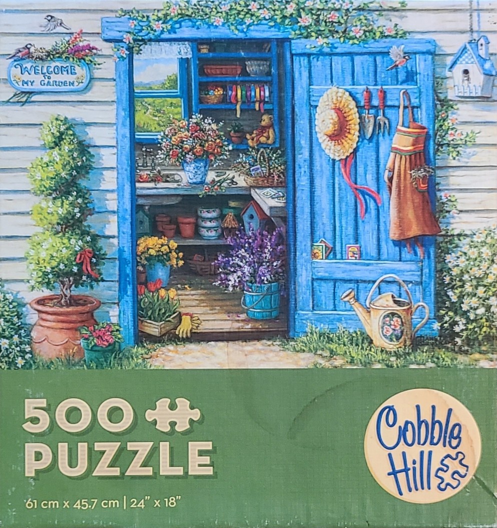 A cozy blue garden shed interior filled with flowers and tools, surrounded by a garden.