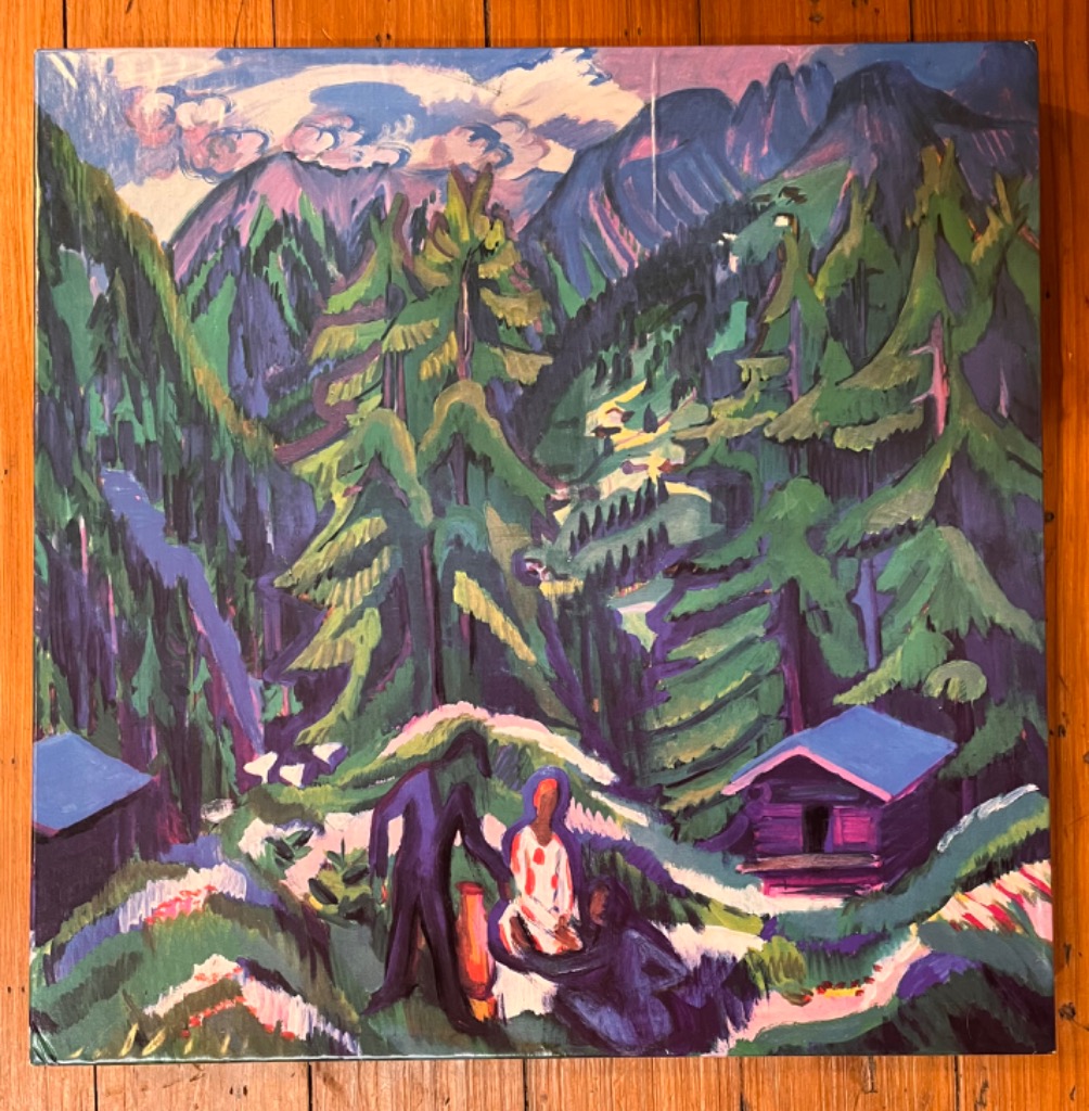 An expressionist oil painting of two figures in a mountainous forest landscape with deep purples, greens, and blues.