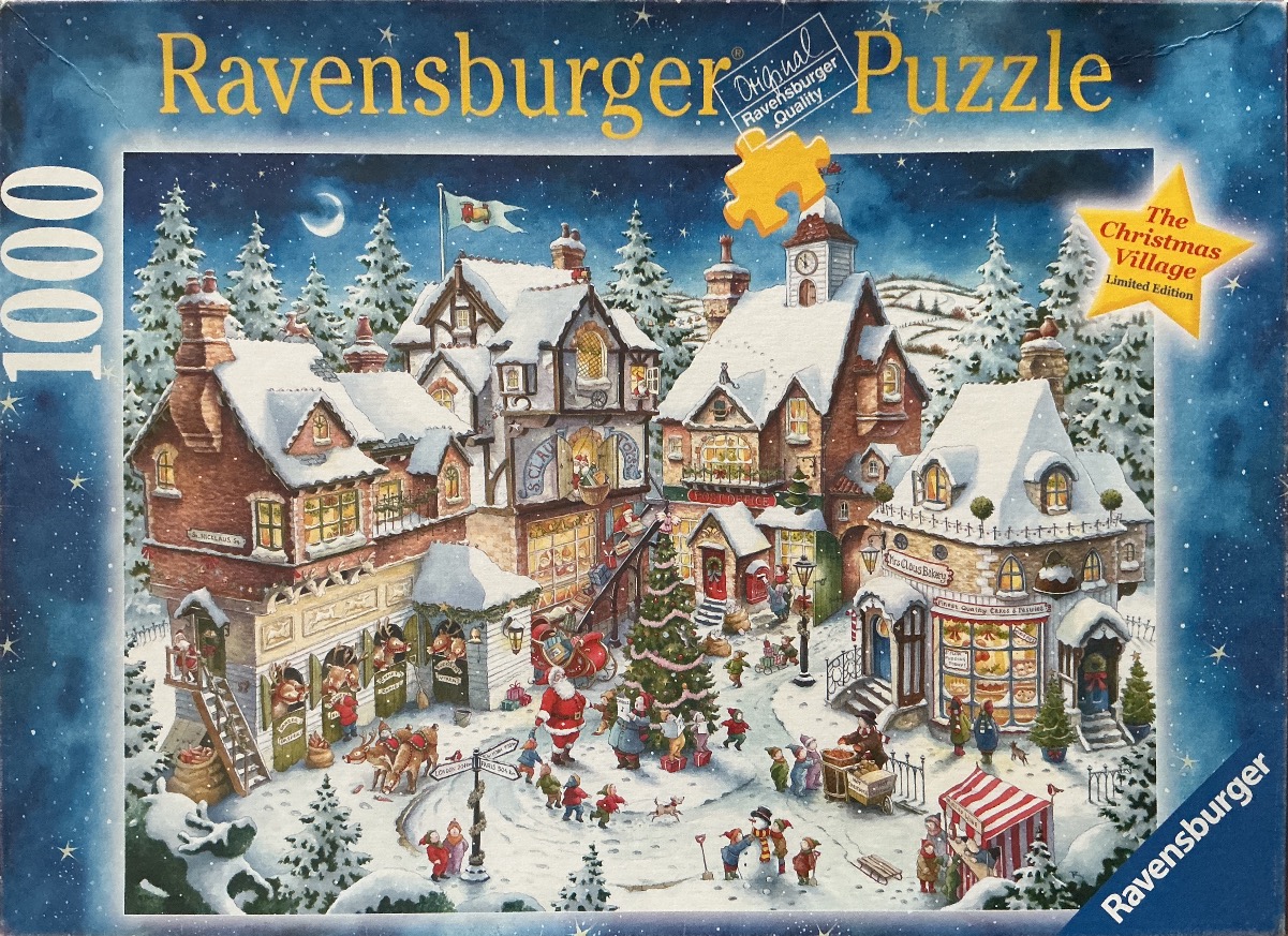 An illustration of a bustling, snow-covered Christmas village square at night with Santa Claus and elves.