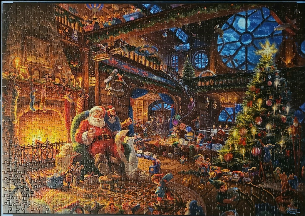 Detailed illustration of Santa Claus sitting in a cozy, busy workshop at night during the Christmas season.