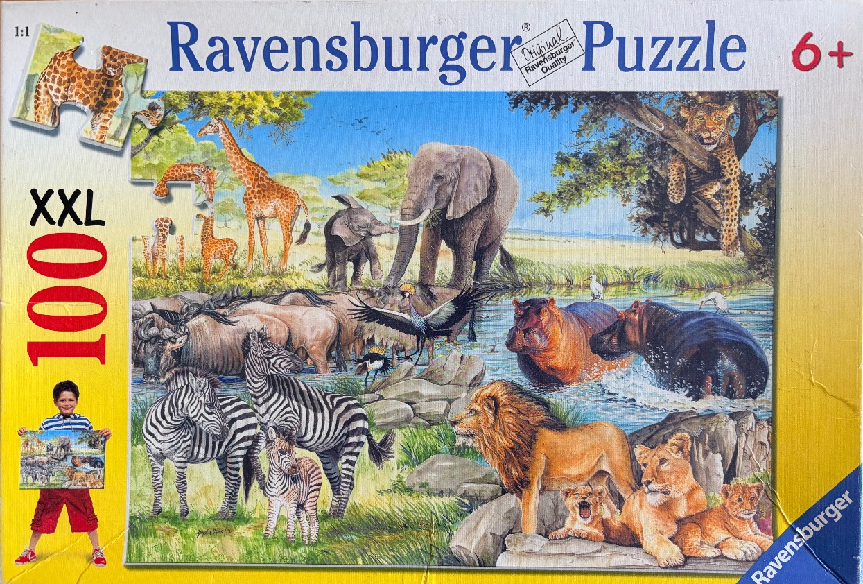 Illustration of African savanna wildlife including elephants, giraffes, zebras, lions, and hippos near a river.