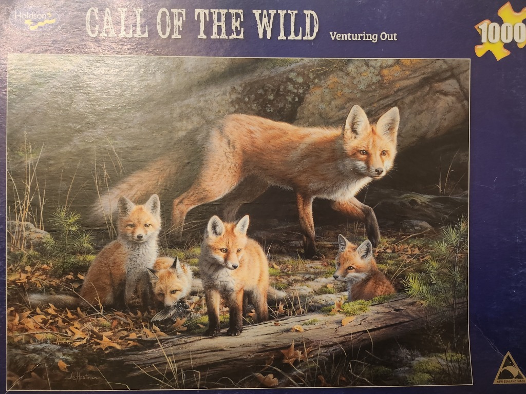 A detailed painting of an adult fox and three kits in a forest clearing