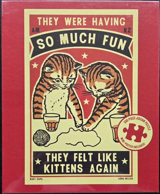 Graphic art illustration of two tabby kittens at a table with glasses and yarn on a red and cream background.