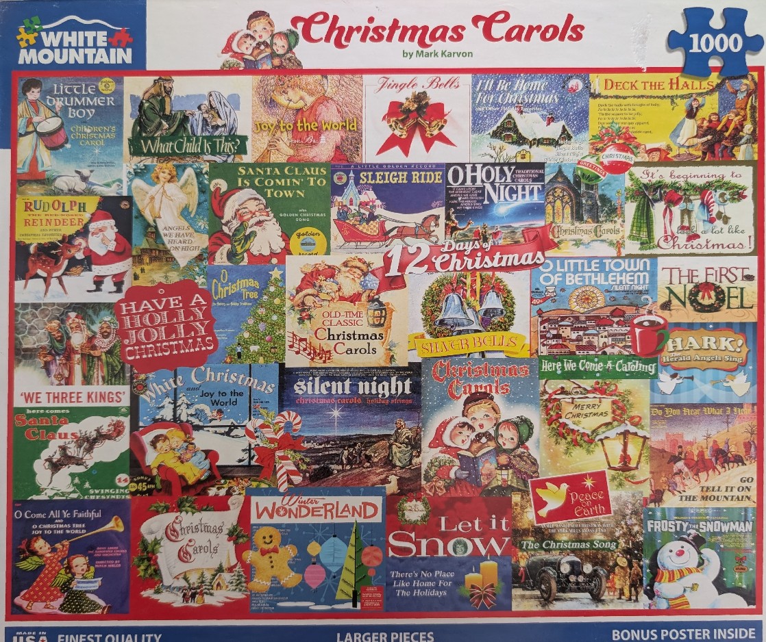 Collage of vintage Christmas carol and song album covers featuring festive characters, holiday scenery, and text.