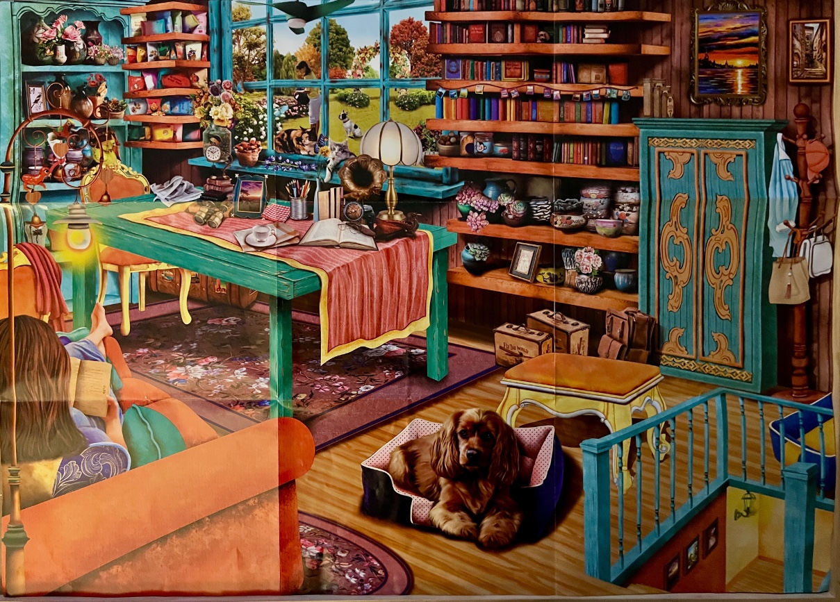 A cozy, vibrant interior scene featuring a woman reading in a sunlit room filled with books, plants, and a pet dog.