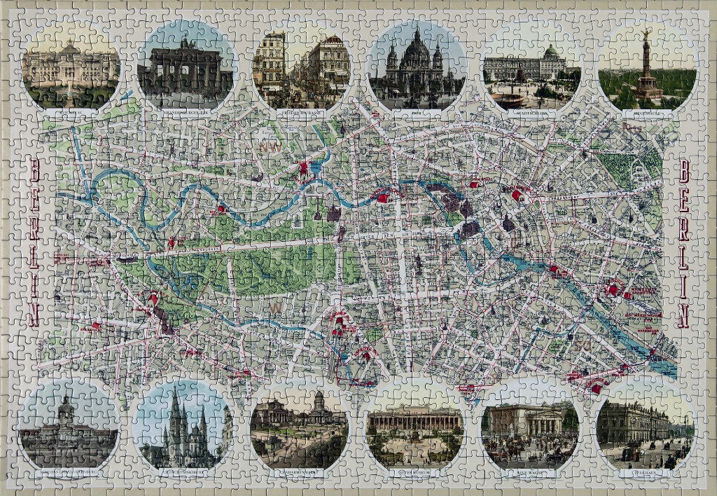A vintage map of Berlin surrounded by illustrated vignettes of famous city landmarks.